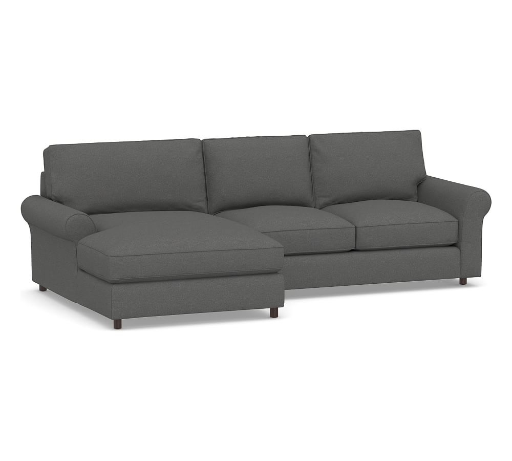 PB Comfort Roll Arm Upholstered Right Arm Loveseat with Double Chaise Sectional, Box Edge Down Blend Wrapped Cushions, Park Weave Charcoal - Image 0