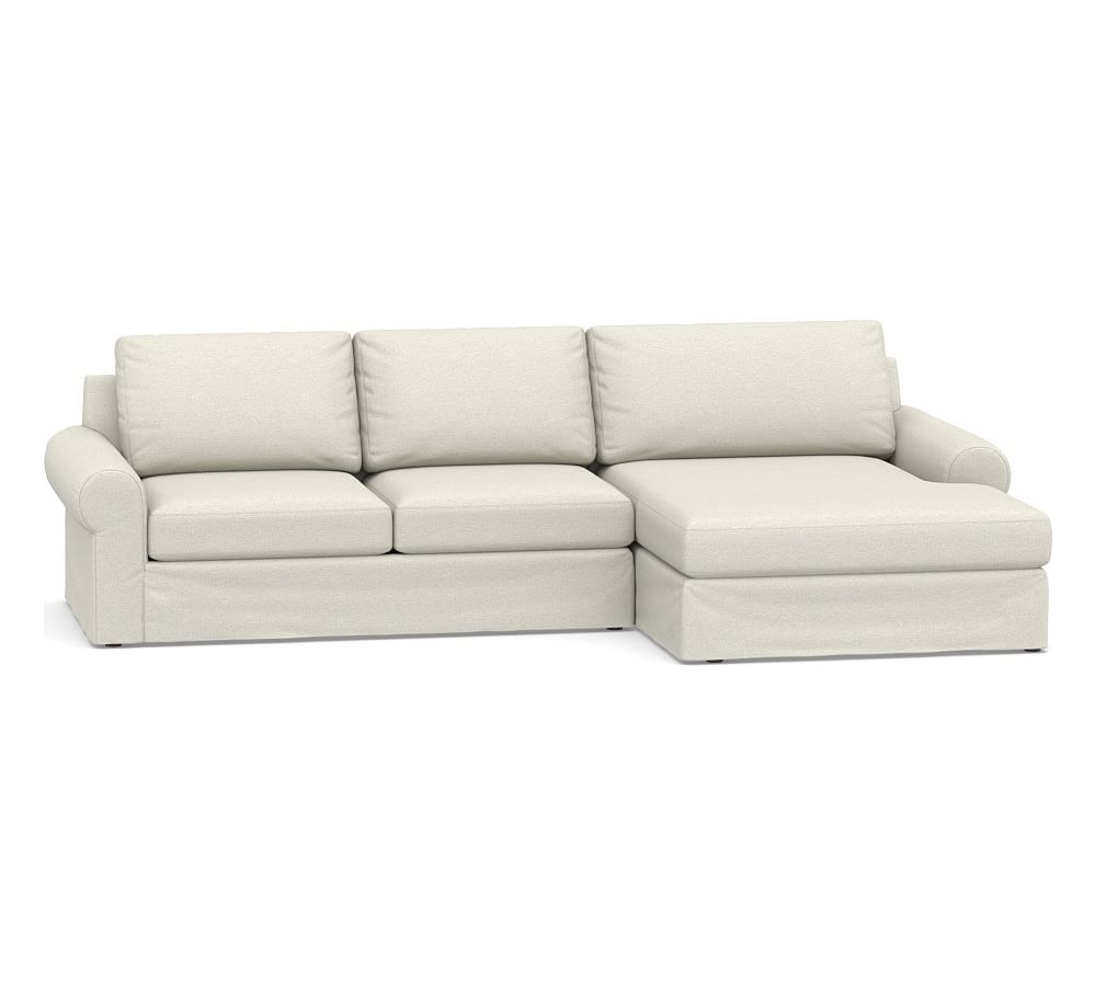 Big Sur Roll Arm Slipcovered Left Arm Loveseat with Double Chaise Sectional, Down Blend Wrapped Cushions, Performance Boucle Oatmeal - Image 0