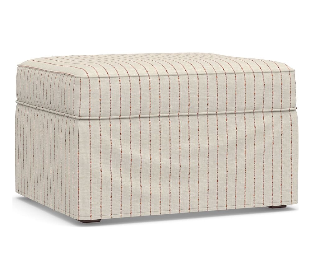 Cameron Slipcovered Ottoman, Polyester Wrapped Cushions, Slubby Pinstripe Red - Image 0