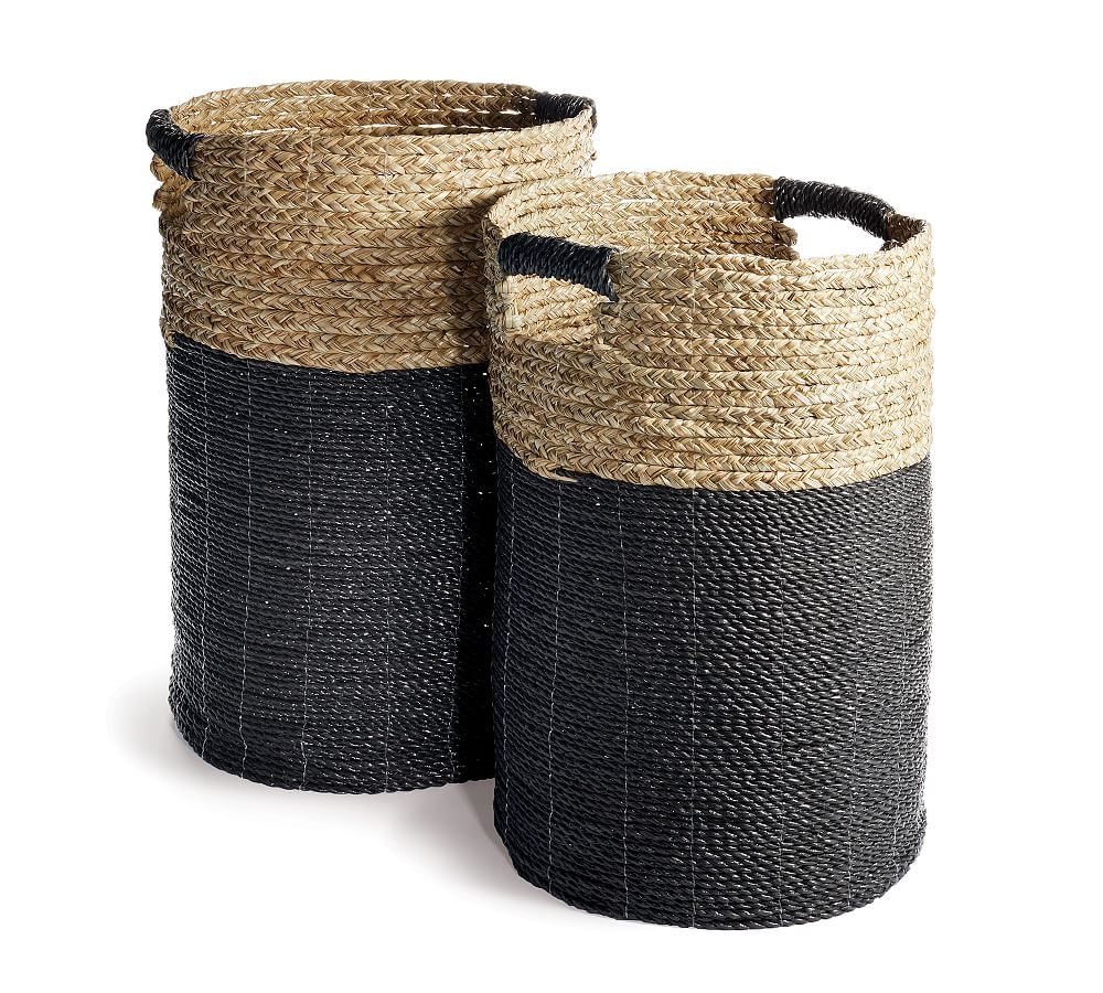 Woven Grass Handled Basket Set of 2 - Black, Round - Image 0