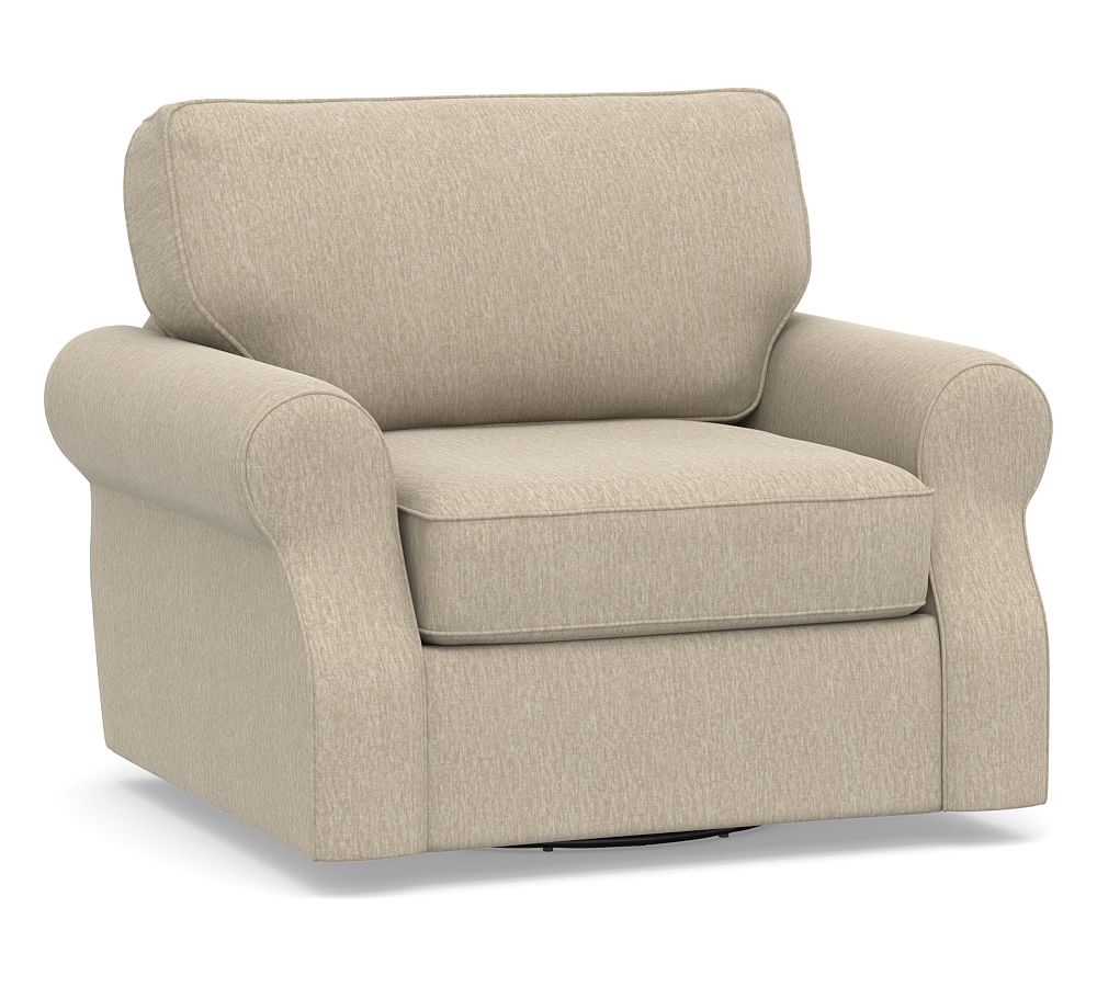 SoMa Fremont Roll Arm Upholstered Swivel Armchair, Polyester Wrapped Cushions, Sunbrella Performance Chenille Cloud - Image 0