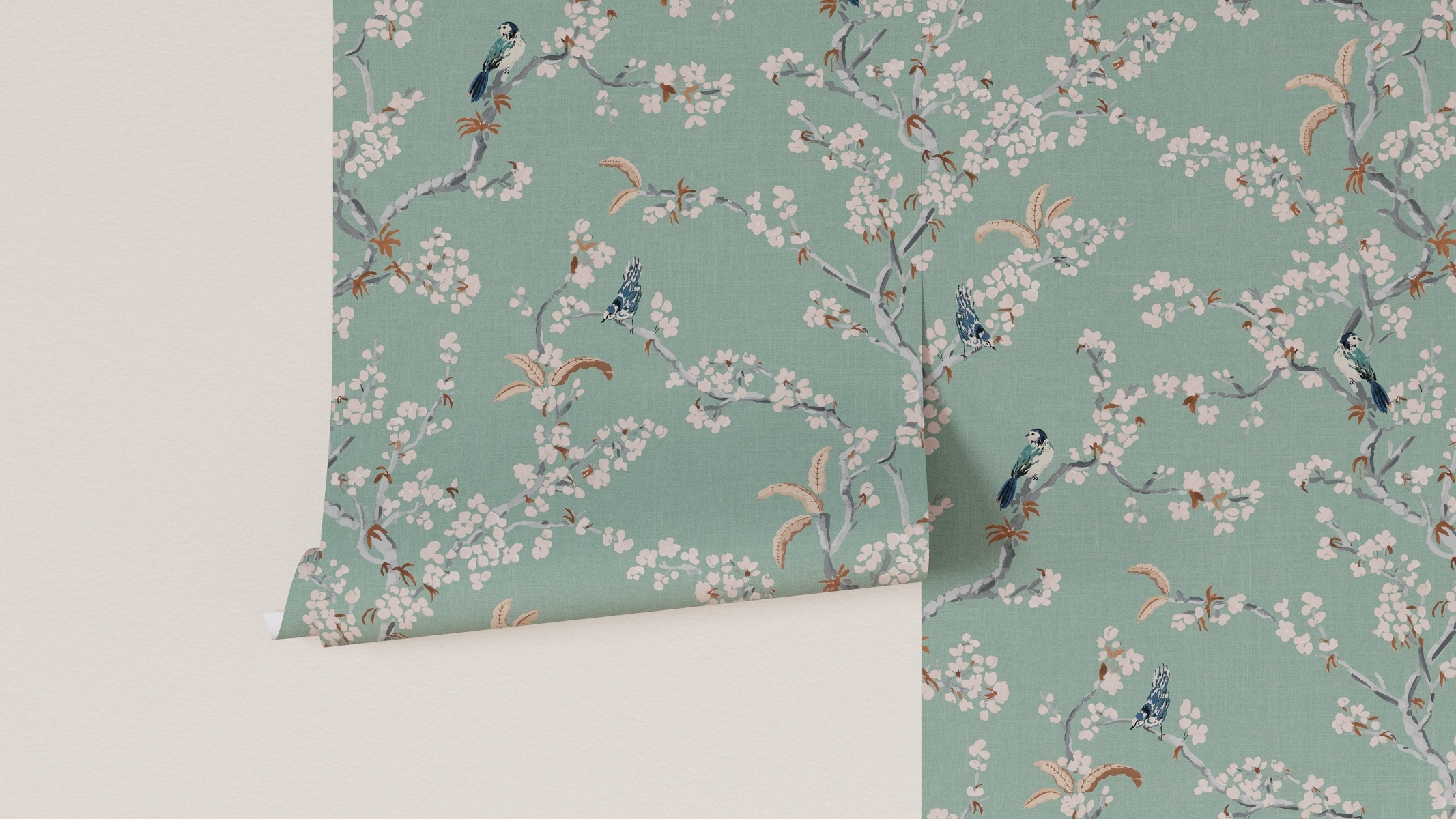 Peel and Stick Wallpaper Roll, Mint Cherry Blossom - Image 3