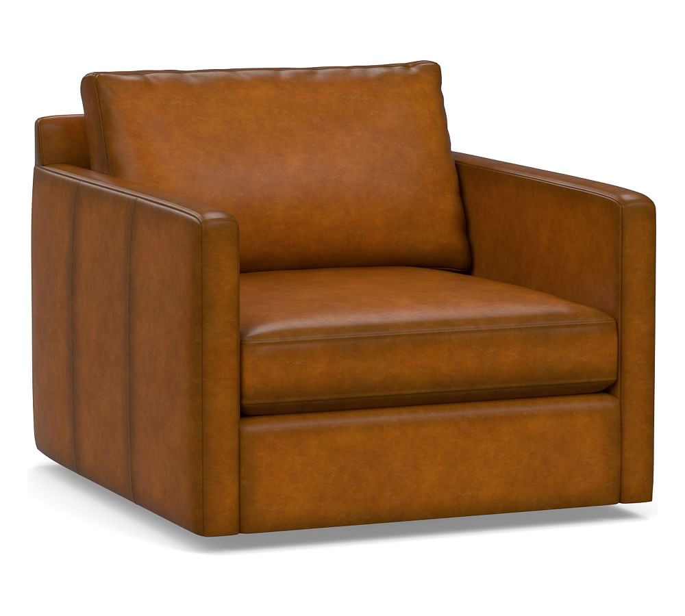 Pacifica Square Arm Leather Swivel Armchair, Polyester Wrapped Cushions, Burnished Bourbon - Image 0