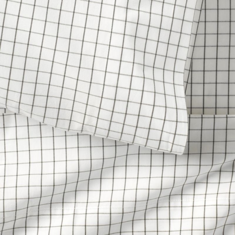 Stax Mini Grid Grey Yarn-Dyed Organic Cotton Kids Queen Sheet Set - Image 1