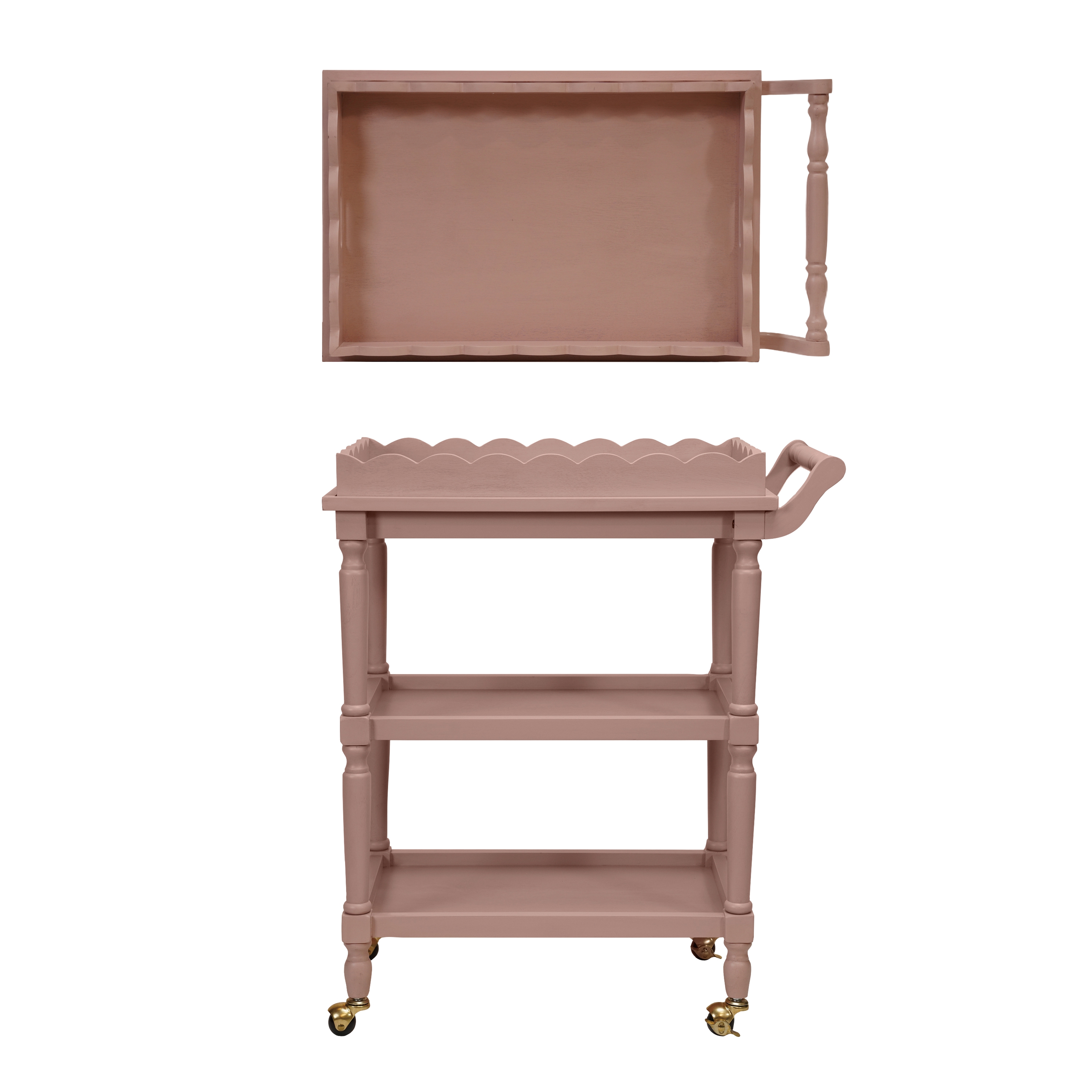 3-Tier Bar Cart on Casters with Removable Scalloped Tray, Pink - Image 0