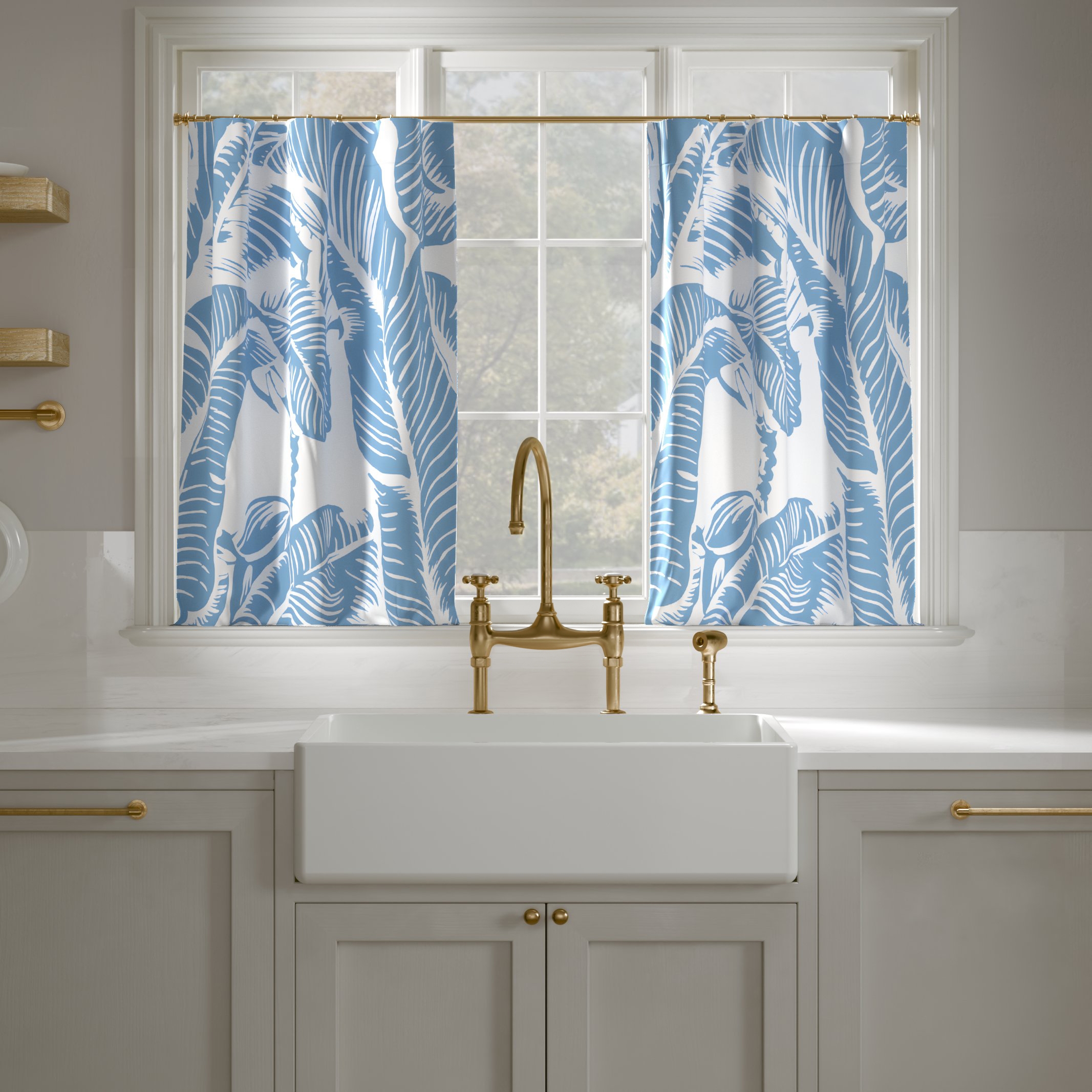 Printed Linen Café Curtain, Cornflower Martinique® Encore, 25" x 24", Privacy - Image 0