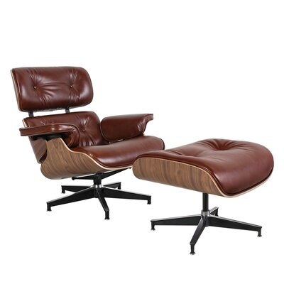 Vitali 34.6" W Tufted Genuine Leather Swivel Lounge Chair and Ottoman - Image 0