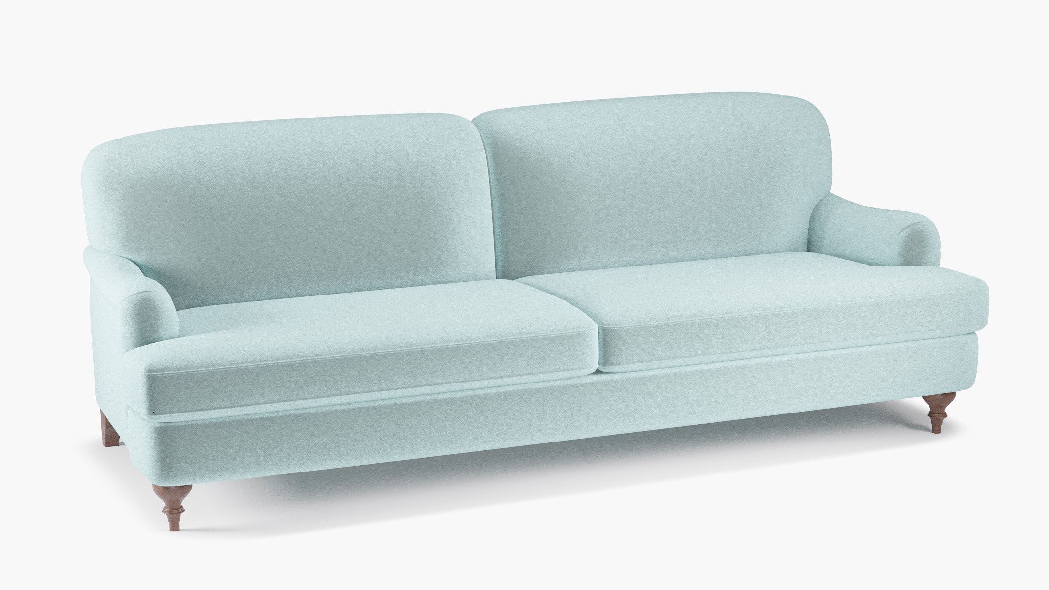 English Roll Arm Sofa, Spa Performance Plush Velvet, Walnut Turned Wood Leg - Image 1