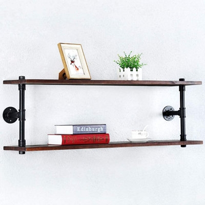 Industrial Pipe Shelf Wall Mounted,Steampunk Real Wood Book Shelves,2 Tier Rustic Metal Floating Shelves,Wall Shelving Unit Bookshelf Hanging Wall Shelves,Farmhouse Kitchen Bar Shelving(42In) - Image 0