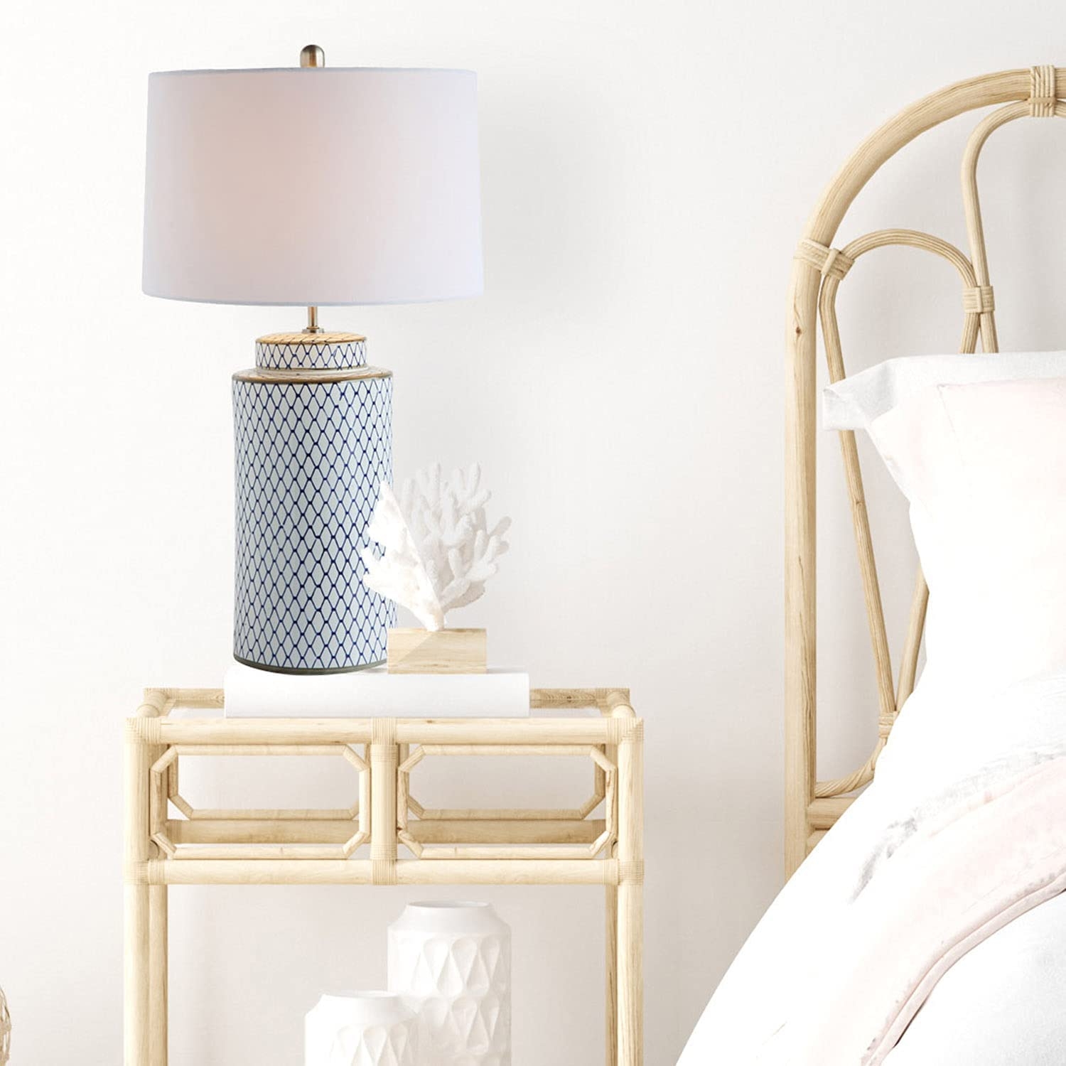 Ceramic Table lamp with Linen Shade, Indigo & White - Image 3