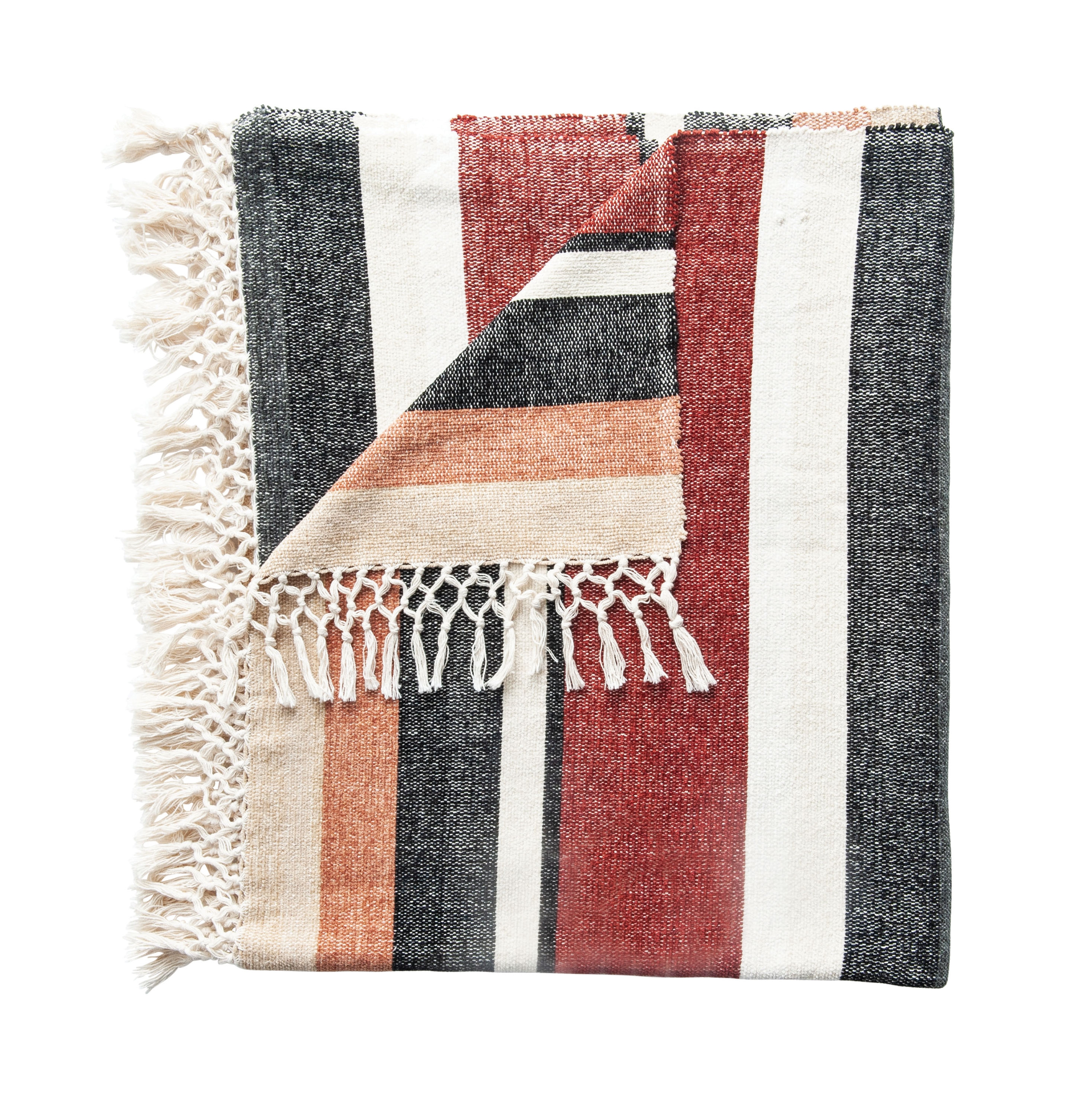 Red, Black & White Striped Handwoven Cotton Chenille Throw - Image 0
