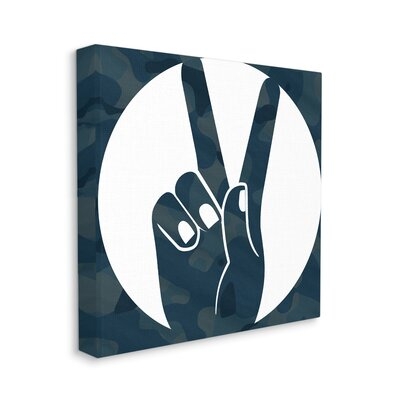 Peace Sign Hand Pose Over Dark Blue Camouflage - Image 0