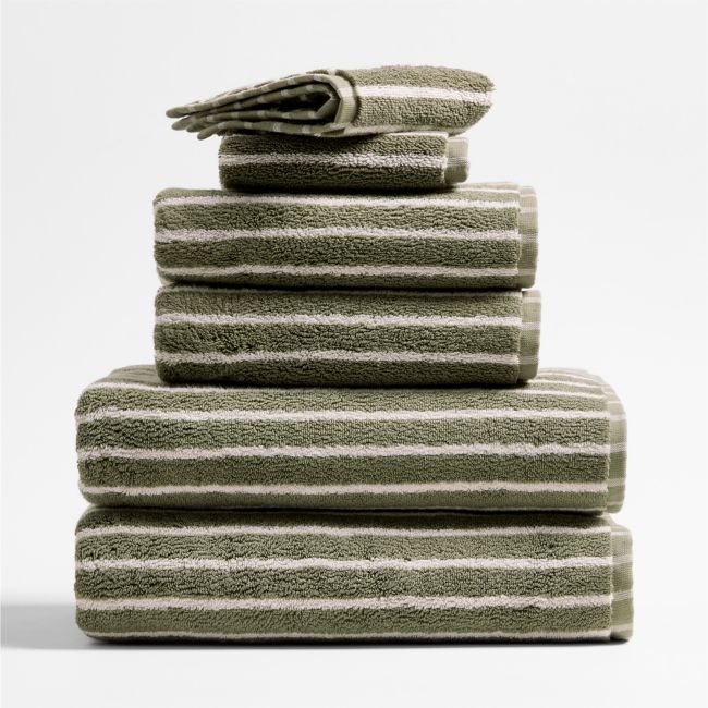 Organic Turkish Cotton Shadow Sage and Pampas Ivory Stripe Bath Towels, Set of 6 - Image 0