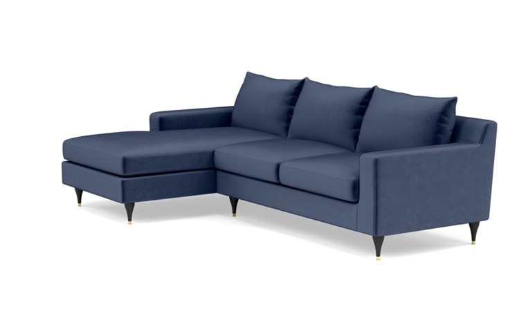 Sloan Left Sectional with Blue Bergen Blue Fabric, down alternative cushions, extended chaise, and Matte Black with Brass Cap legs - Image 4