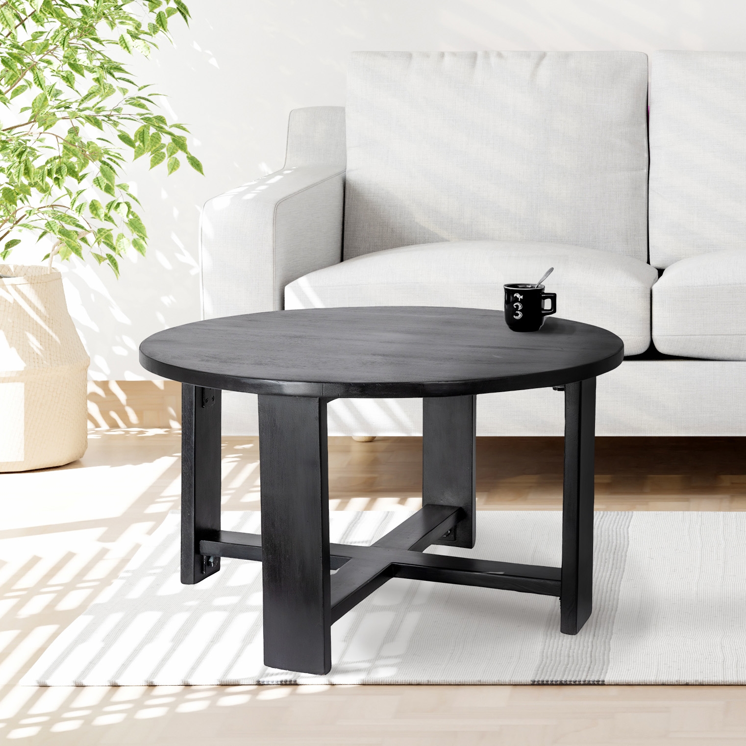 Elegant Acacia Trestle Round Coffee Table, Black - Image 0