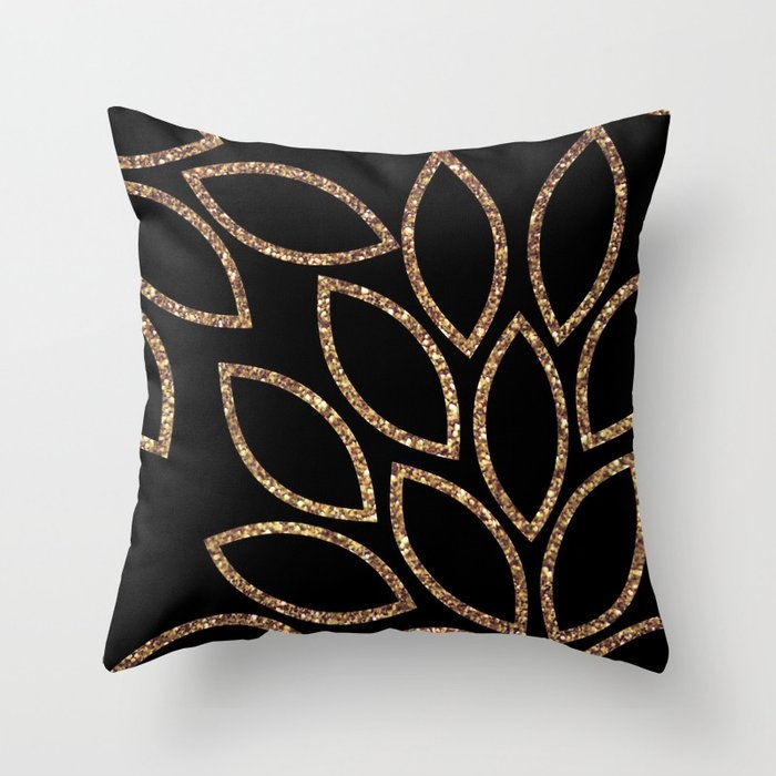 Gold Glitter Leaves On Black Throw Pillow by Sylvia Cook Photography - Cover (16" x 16") With Pillow Insert - Indoor Pillow - Image 0