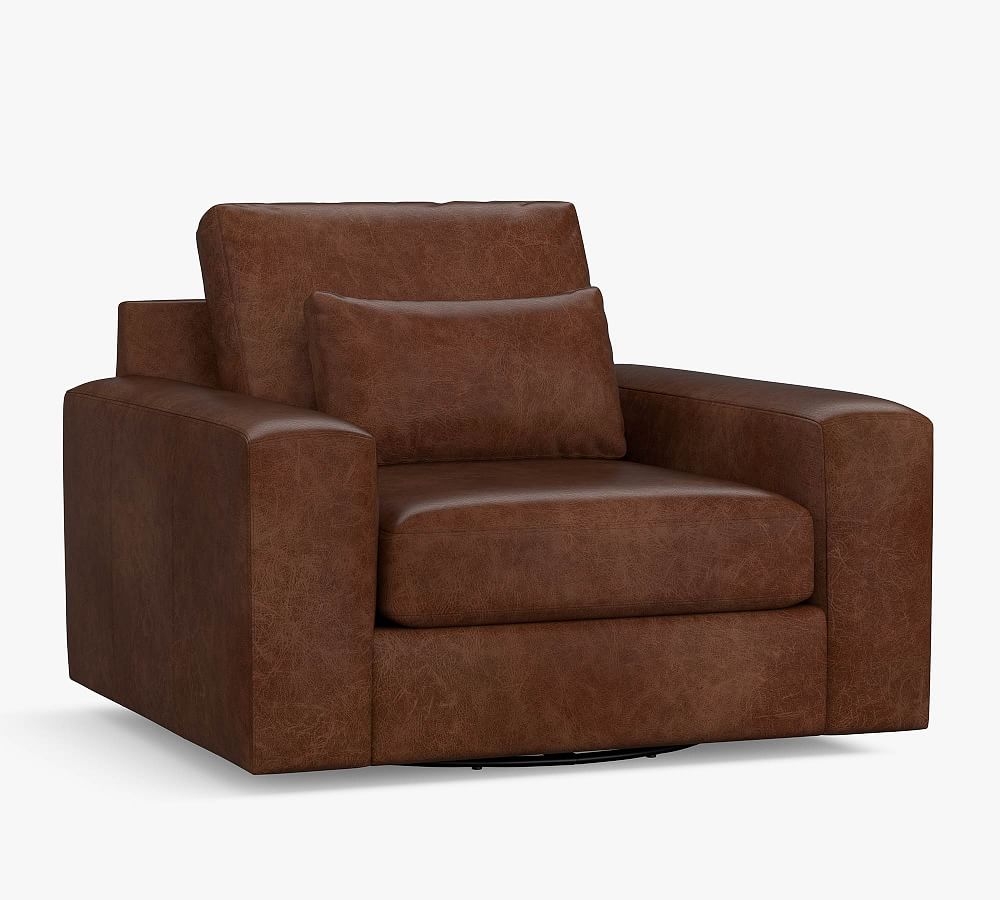 Big Sur Square Arm Leather Deep Seat Swivel Armchair, Down Blend Cushions, Statesville Molasses - Image 0