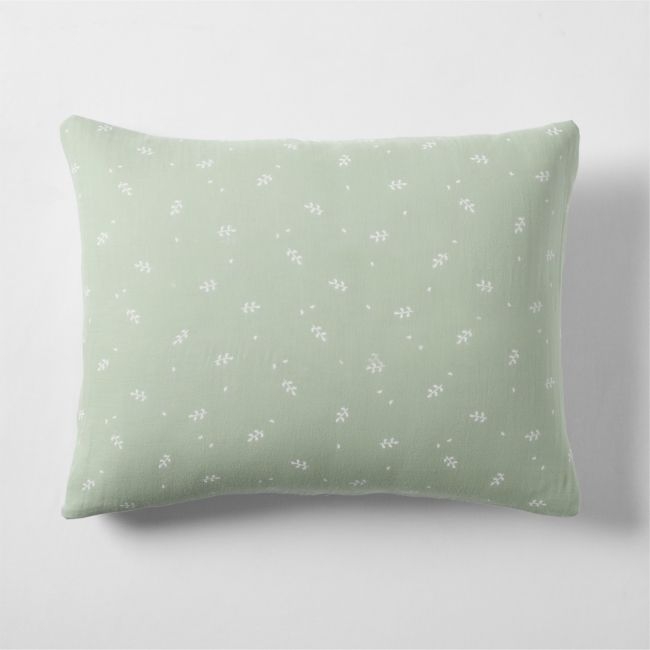 Supersoft Muted Teal Leaf Print Organic Cotton Gauze Kids Pillow Sham - Image 0