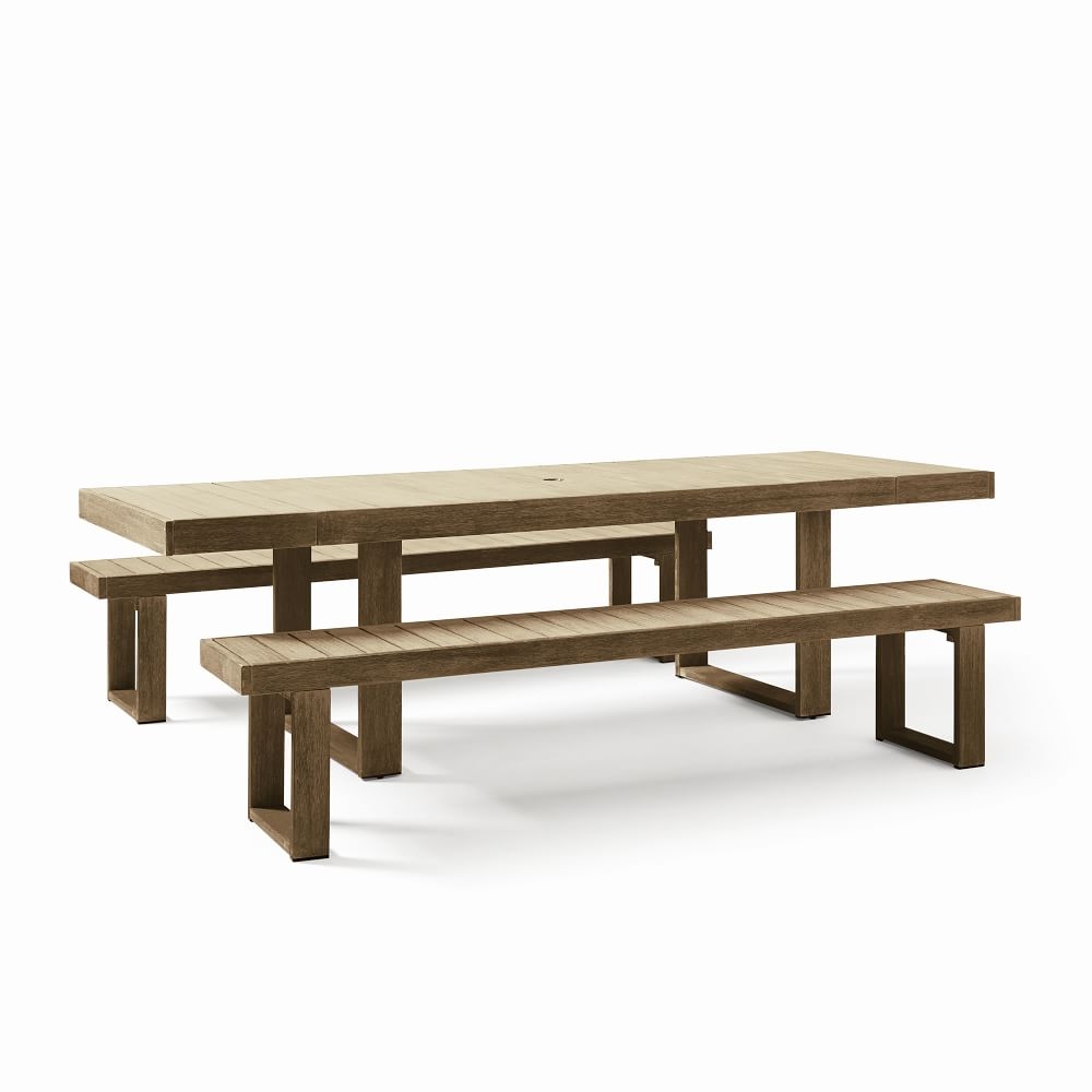 Portside Outdoor Expandable Dining Table + 2 88.5" Benches Set, Driftwood - Image 0