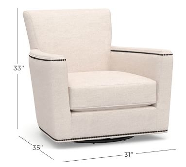 Irving Square Arm Upholstered Swivel Glider with Bronze Nailheads, Polyester Wrapped Cushions, Performance Heathered Basketweave Alabaster White - Image 1