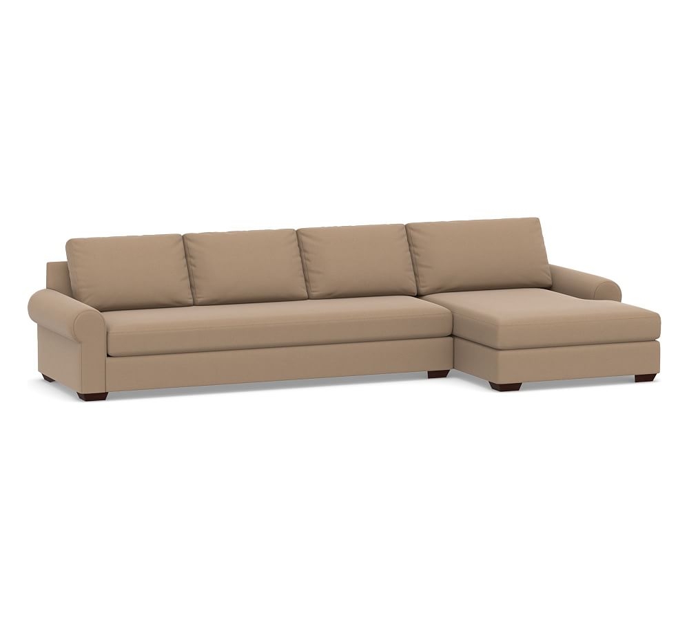 Big Sur Roll Arm Upholstered Left Arm Grand Sofa with Double Chaise Sectional and Bench Cushion, Down Blend Wrapped Cushions, Performance Plush Velvet Camel - Image 0