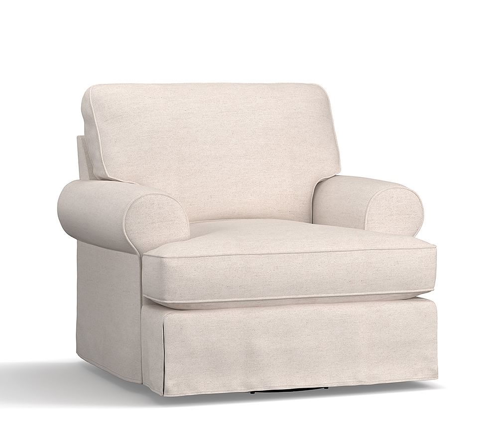 Buchanan Roll Arm Slipcovered Swivel Armchair, Polyester Wrapped Cushions, Park Weave Ivory - Image 0