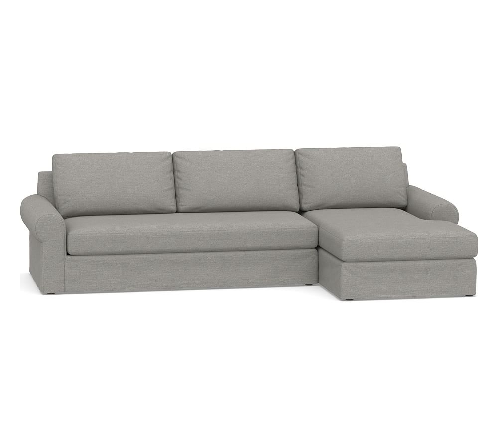 Big Sur Roll Arm Slipcovered Left Sofa with Chaise Sectional with Bench Cushion, Down Blend Wrapped Cushions, Performance Heathered Basketweave Platinum - Image 0