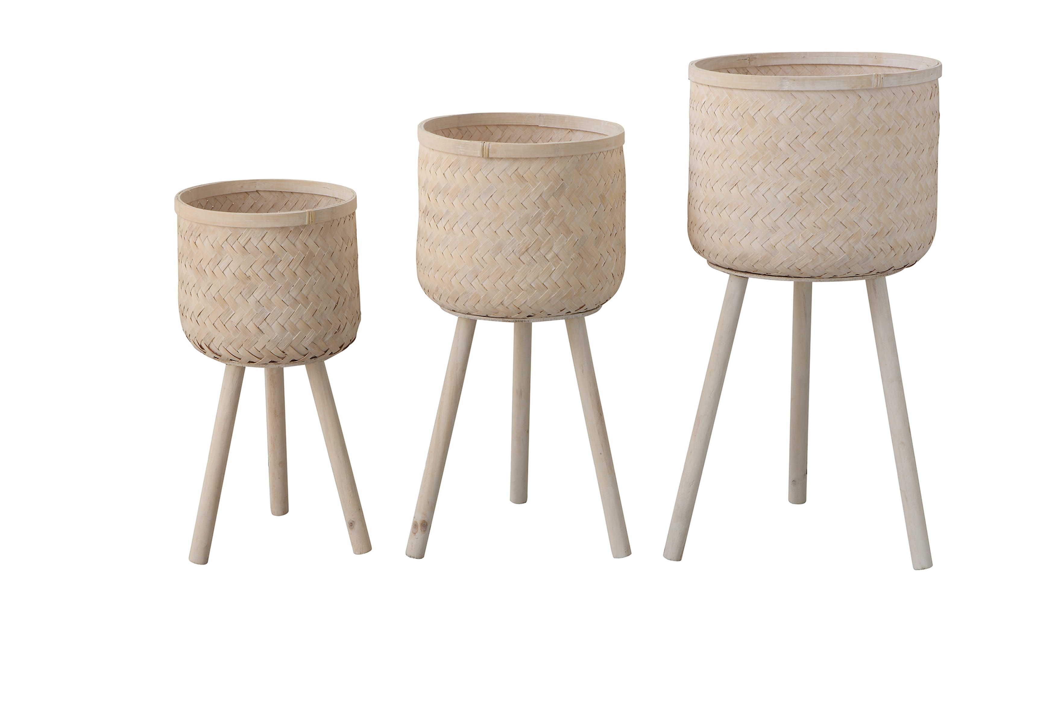 Bamboo Floor Baskets with Wood Legs, Whitewashed, Set of 3 - Image 0