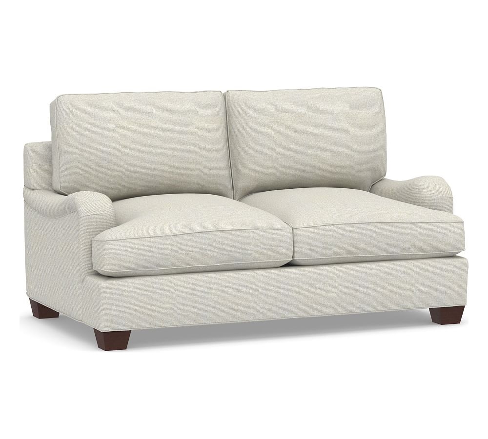 PB English Upholstered Loveseat, Down Blend Wrapped Cushions, Performance Heathered Basketweave Dove - Image 0