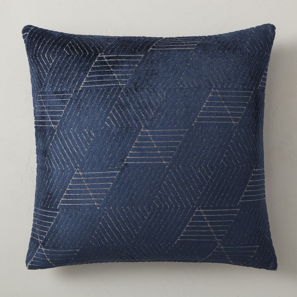 Geo Facet Jacquard Velvet Pillow Cover, 20"x20", Midnight - Image 0