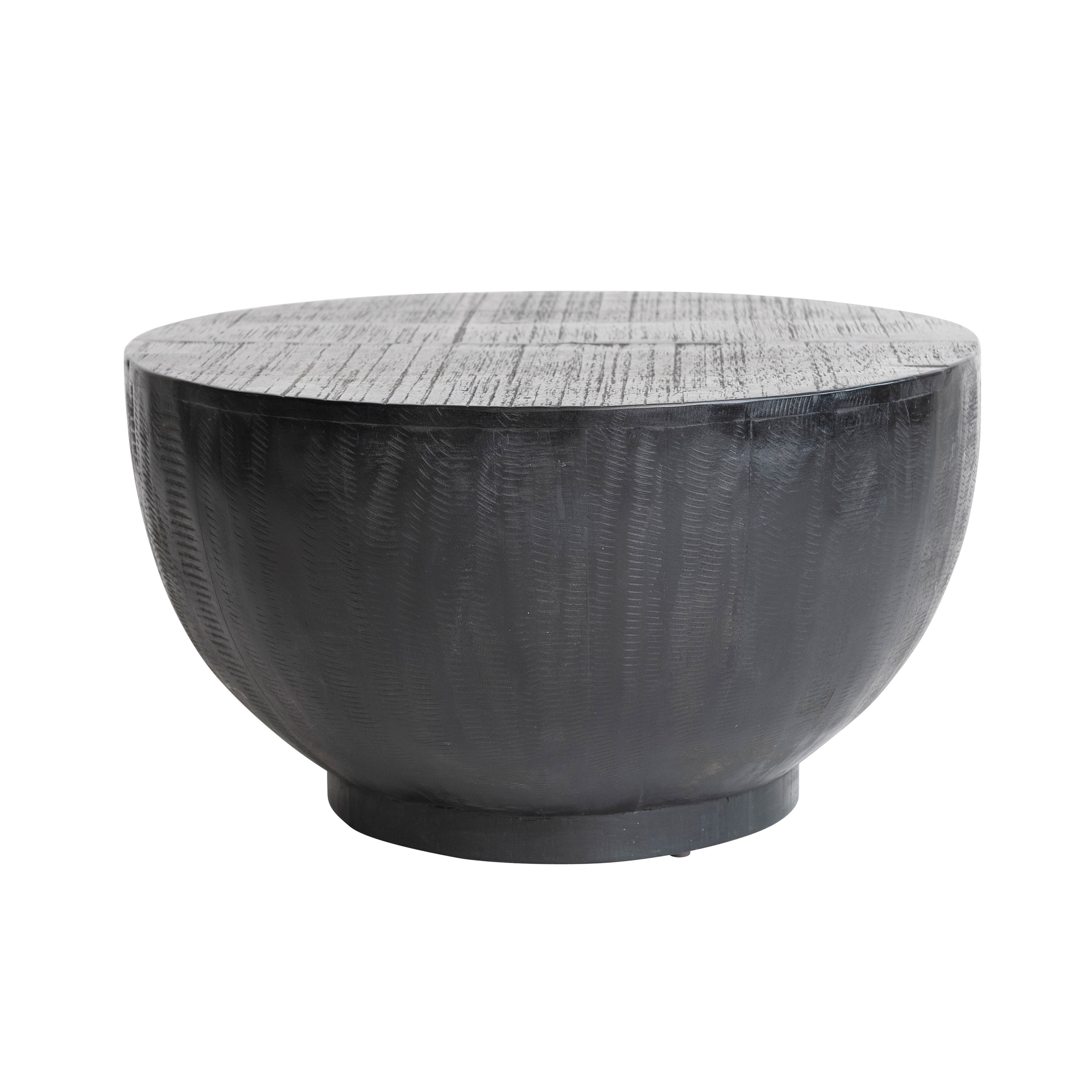 Round Mango Wood Drum Coffee Table with Combed Finish, Black - Image 0