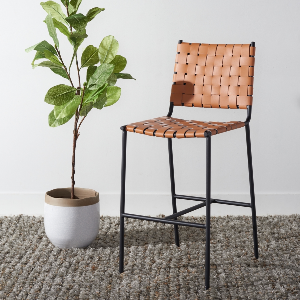 Olenna Woven Counter Stool - Cognac / Black - Safavieh - Image 1