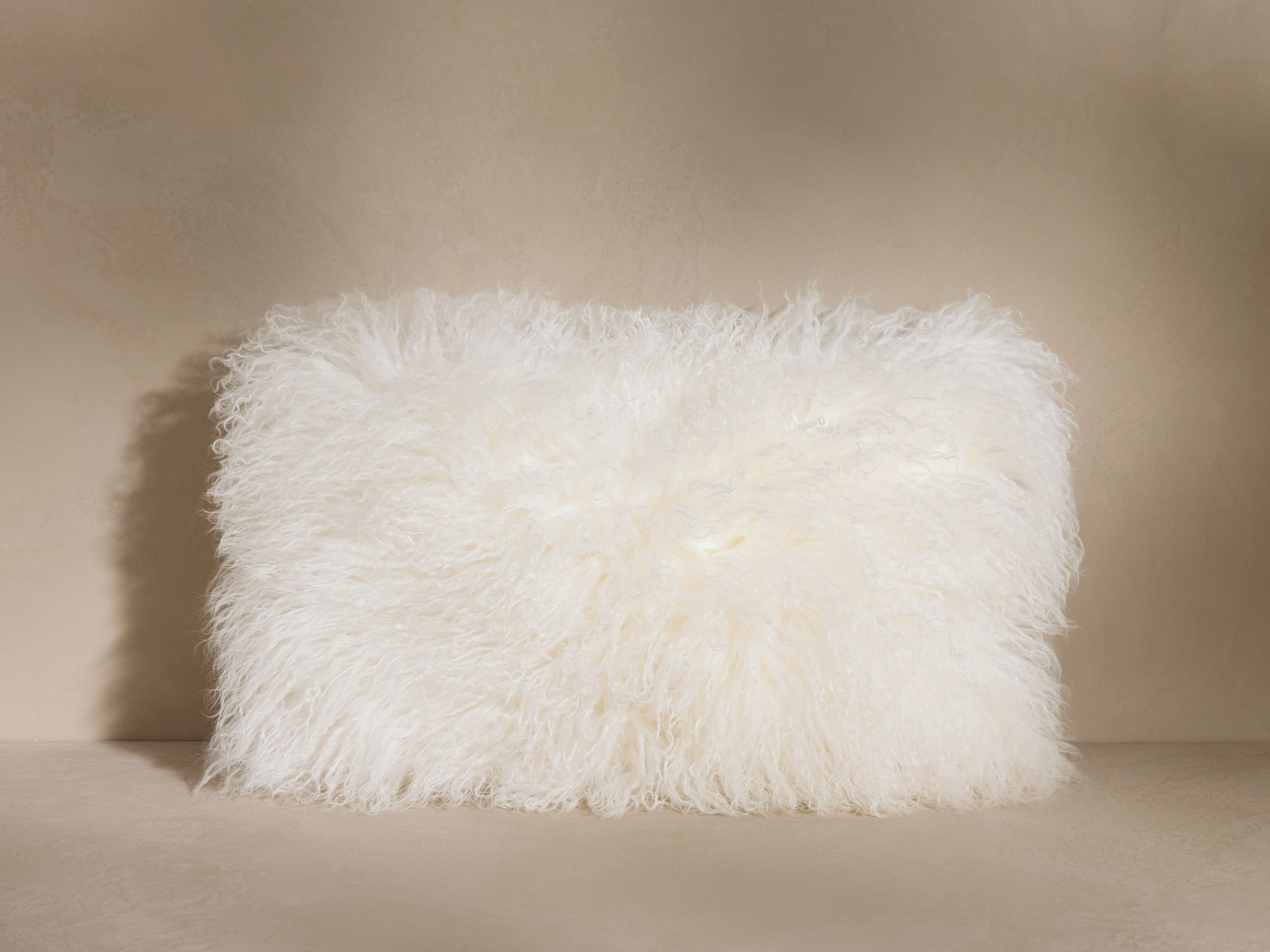 Tibetan Longwool Lumbar Pillow in Faux Fur White  Ivory - Image 0