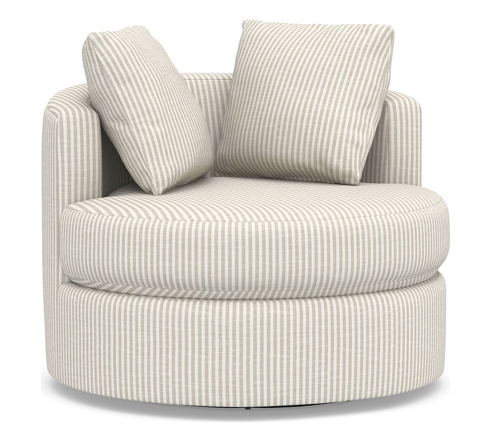 Balboa Upholstered Swivel Armchair, Standard Cushions, Classic Stripe Oatmeal - Image 0