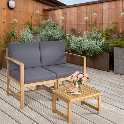 Union Rustic 3 In 1 Acacia Wood Furniture Set Patio Outdoor W/ Cushion Coffee Table - Image 0