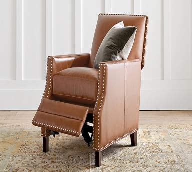 Brixton Square Arm Leather Recliner with Bronze Nailheads, Down Blend Wrapped Cushions, Vintage Caramel - Image 4