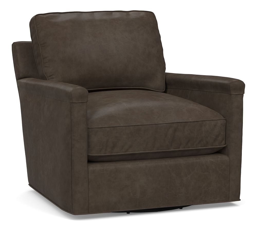 Tyler Square Arm Leather Swivel Armchair without Nailheads, Down Blend Wrapped Cushions, Statesville Wolf Gray - Image 0