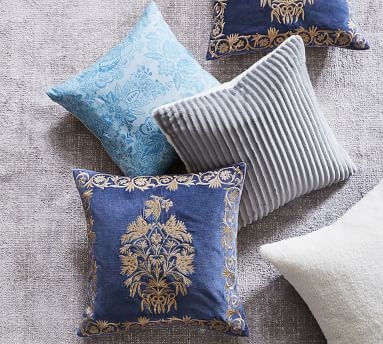 Colette Embroidered Pillow Cover, 20 x 20", Indigo/Gold - Image 2