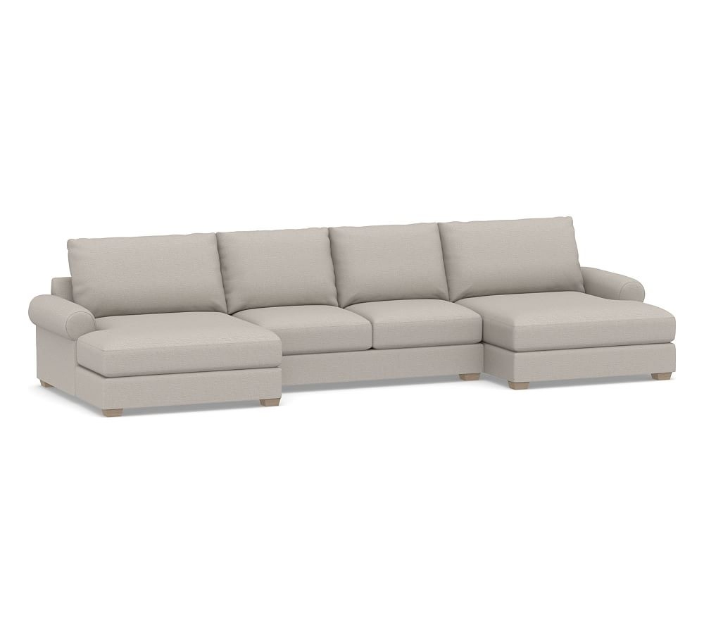 Canyon Roll Arm Upholstered U-Double Chaise Loveseat Sectional, Down Blend Wrapped Cushions, Chunky Basketweave Stone - Image 0