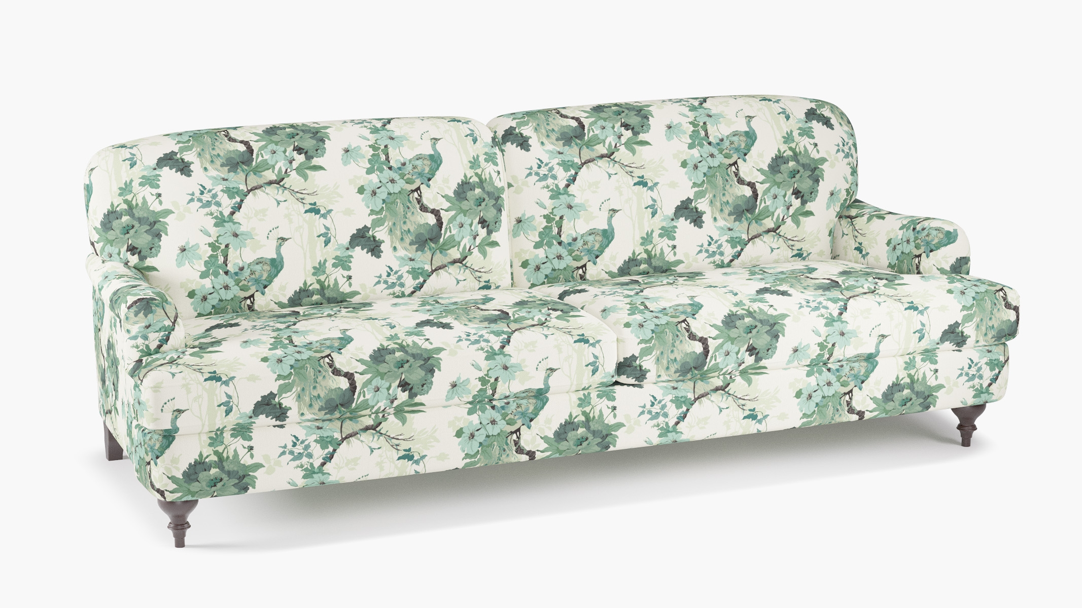 English Roll Arm Sofa, Jade Peacock Park, Espresso Turned Wood Leg - Image 1