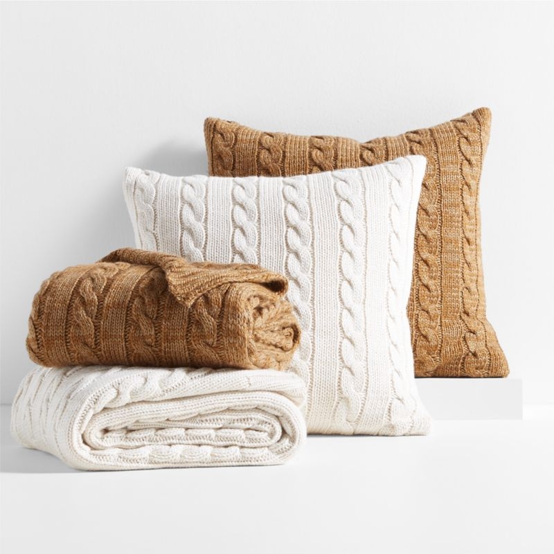 Alabaster Ivory Wool Blend Cozy Cable Knit 23"x23" Throw Pillow with Down-Alternative Insert - Image 3