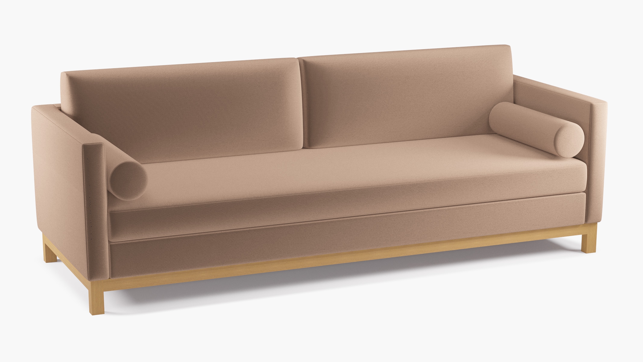 Tailored Tuxedo Sofa, Mink Performance Plush Velvet, Natural Wood Rail - Image 1