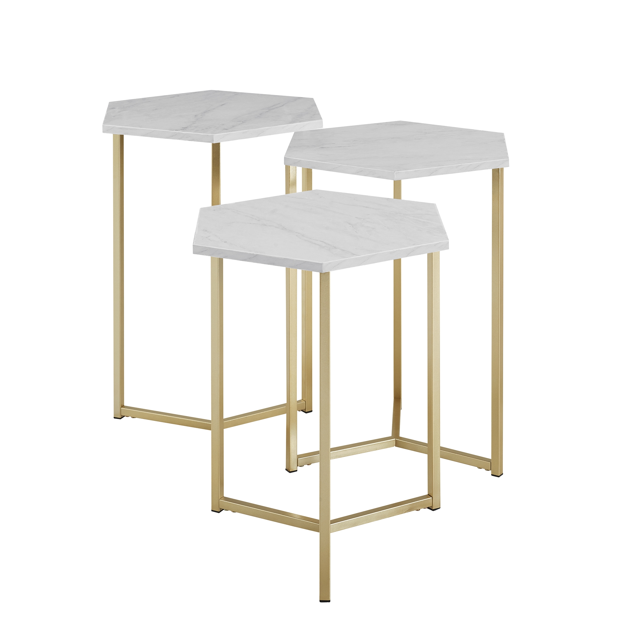 Hexagon Modern Wood Nesting Tables, Set of 3 - Faux White Marble/Gold  - Image 2
