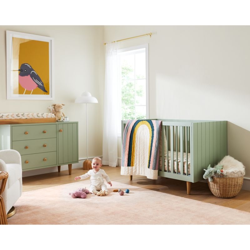 Finn Wide Sage Green Wood 3-Drawer Kids Dresser with Door - Image 1