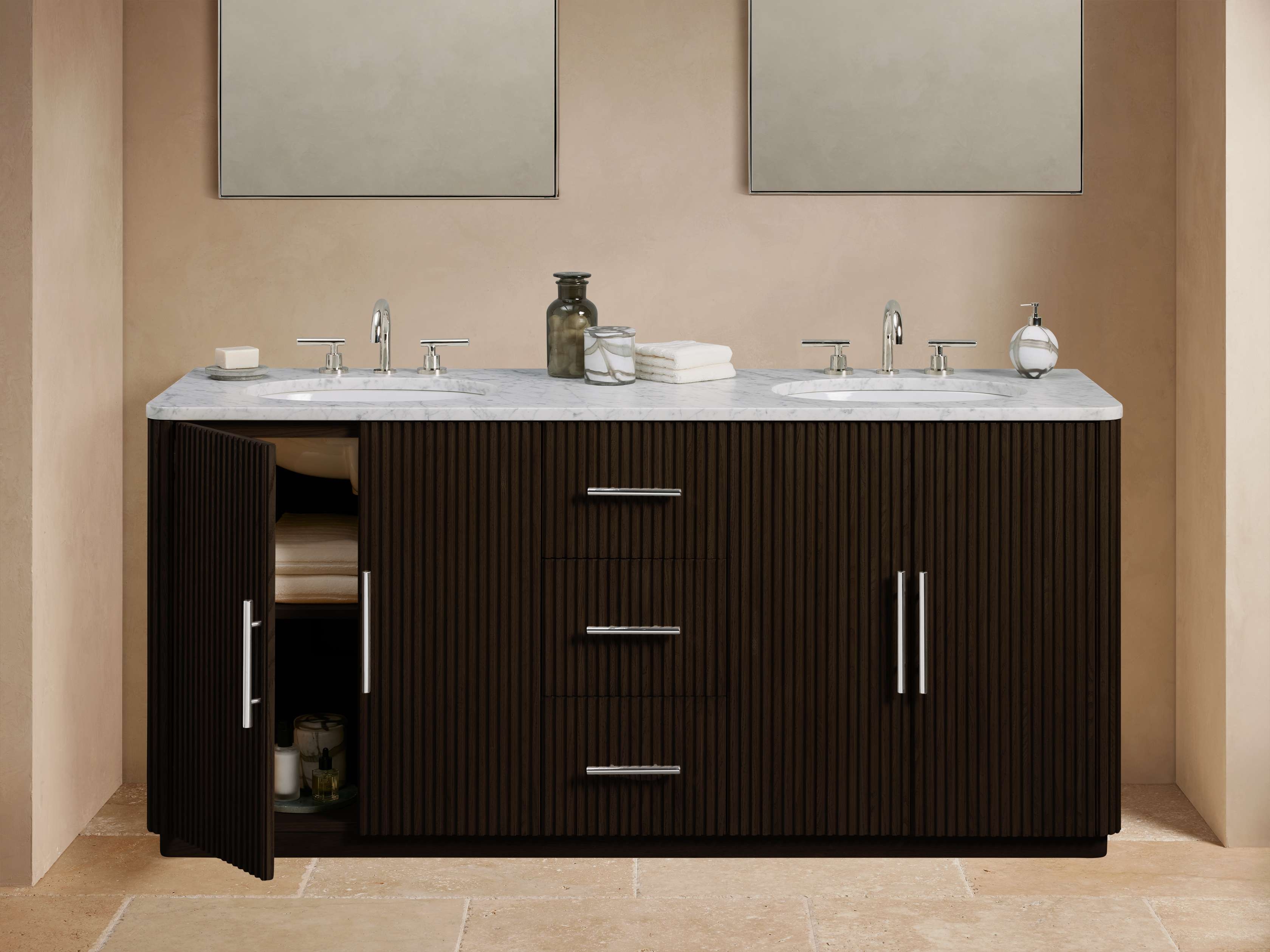 Finnley Double Vanity in Wood Black  Carrara/Ebony Nickel - Image 0
