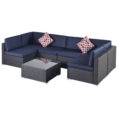 Outdoor Garden Patio Furniture 7-Piece PE Rattan Wicker Sectional Cushioned Sofa Sets With 2 Pillows And Coffee Table, Dark Blue - Image 0