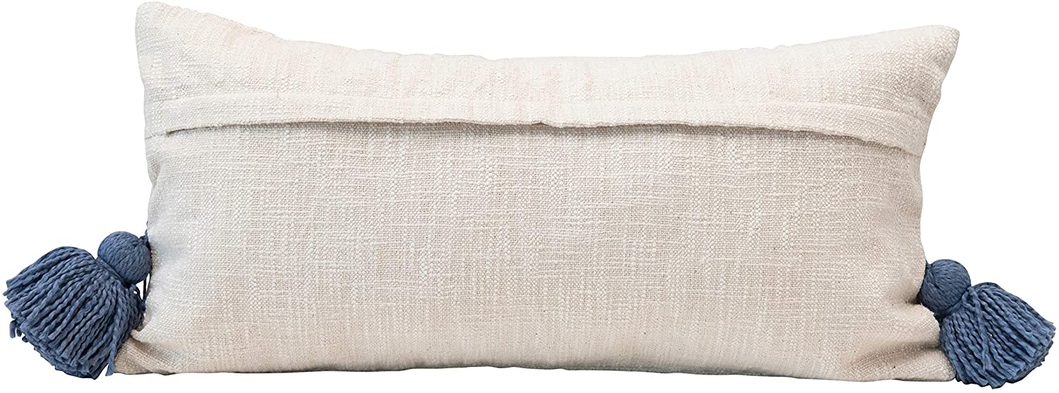 Cotton Lumbar Pillow with Embroidered Curved Pattern & Tassels, Cream Color & Blue - Image 1