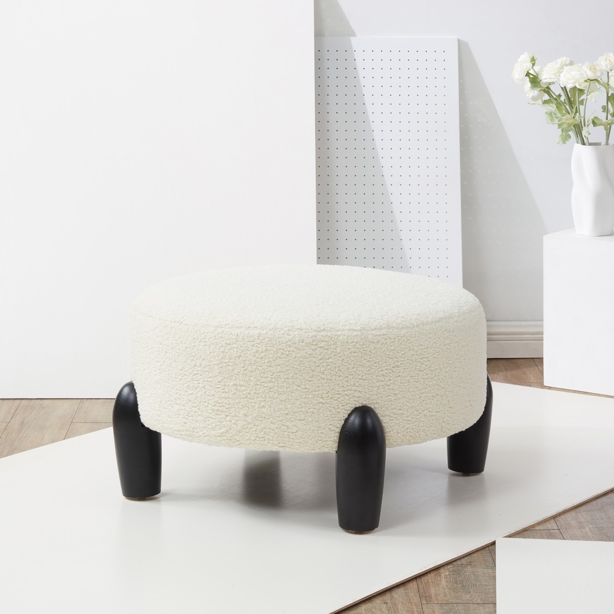 Perez Scandinavian Round Ottoman - Ivory/Black - Image 1