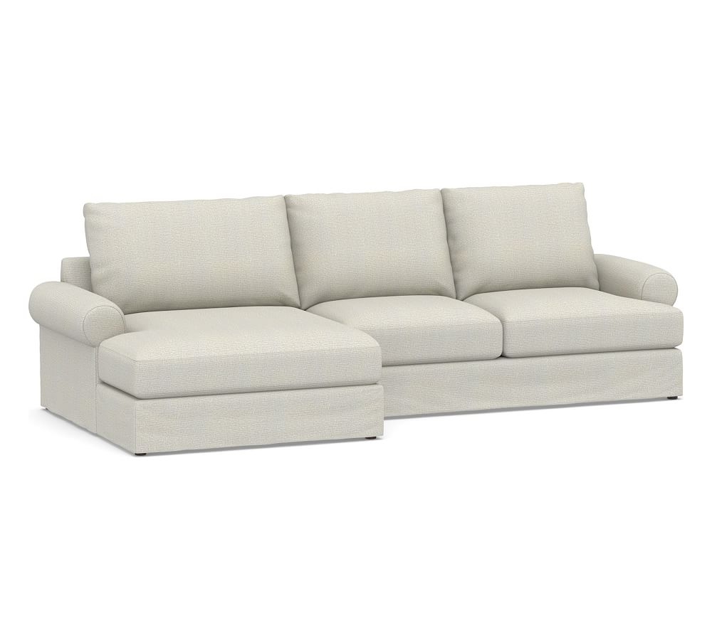 Canyon Roll Arm Slipcovered Right Arm Loveseat with Double Chaise Sectional, Down Blend Wrapped Cushions, Performance Heathered Basketweave Dove - Image 0