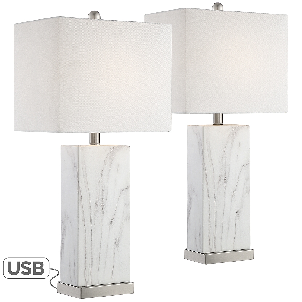 Connie White Faux Marble USB Table Lamps Set of 2 - Style # 75E84 - Image 0